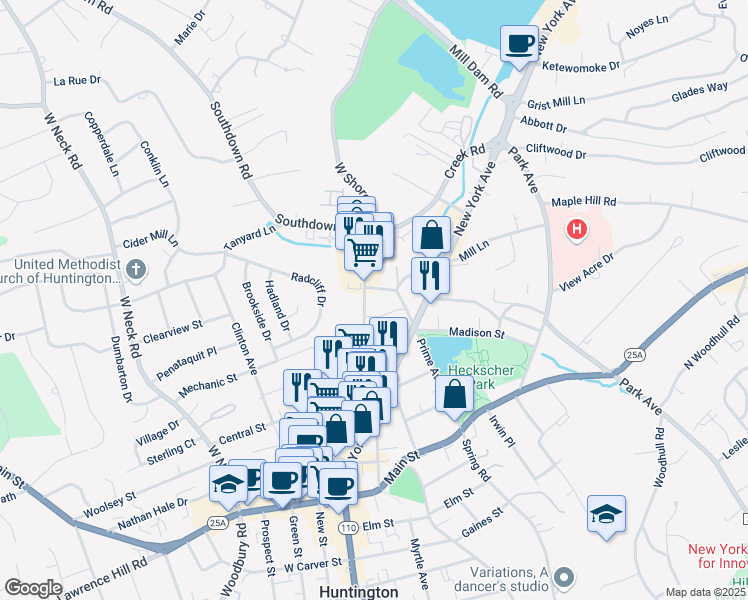 map of restaurants, bars, coffee shops, grocery stores, and more near 206 Wall Street in Huntington