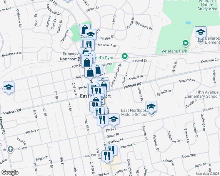 map of restaurants, bars, coffee shops, grocery stores, and more near 7 Noel Avenue in East Northport