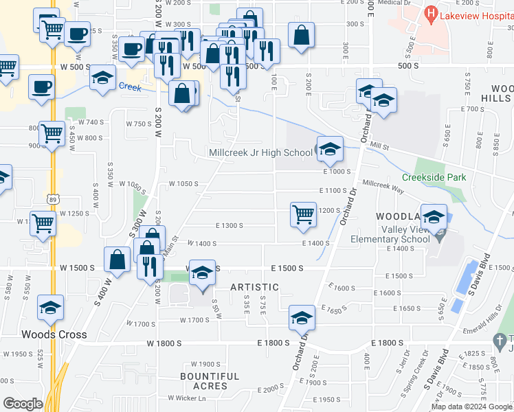 map of restaurants, bars, coffee shops, grocery stores, and more near 55 East 1200 South in Bountiful