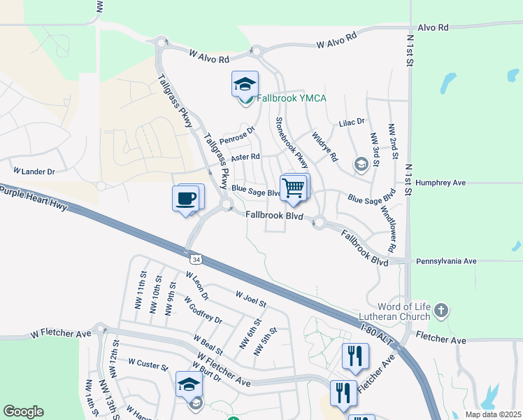 map of restaurants, bars, coffee shops, grocery stores, and more near 700 Fallbrook Boulevard in Lincoln