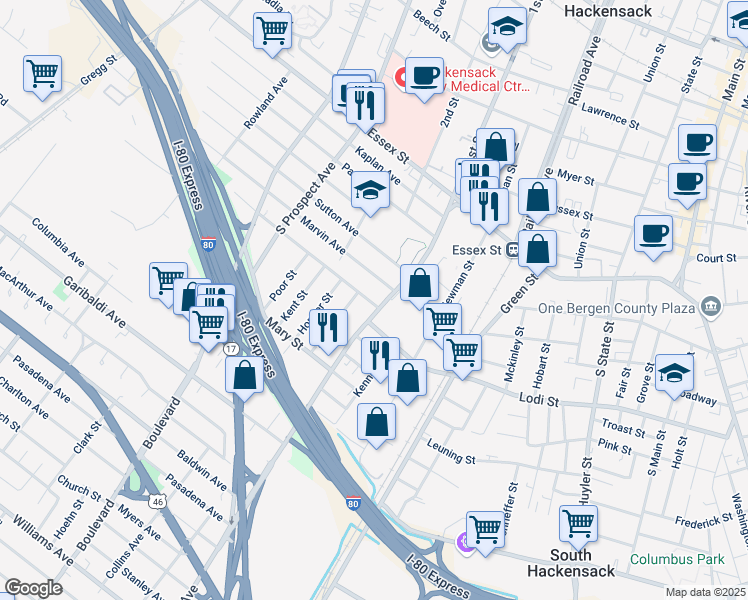 map of restaurants, bars, coffee shops, grocery stores, and more near 248 Standish Avenue in Hackensack
