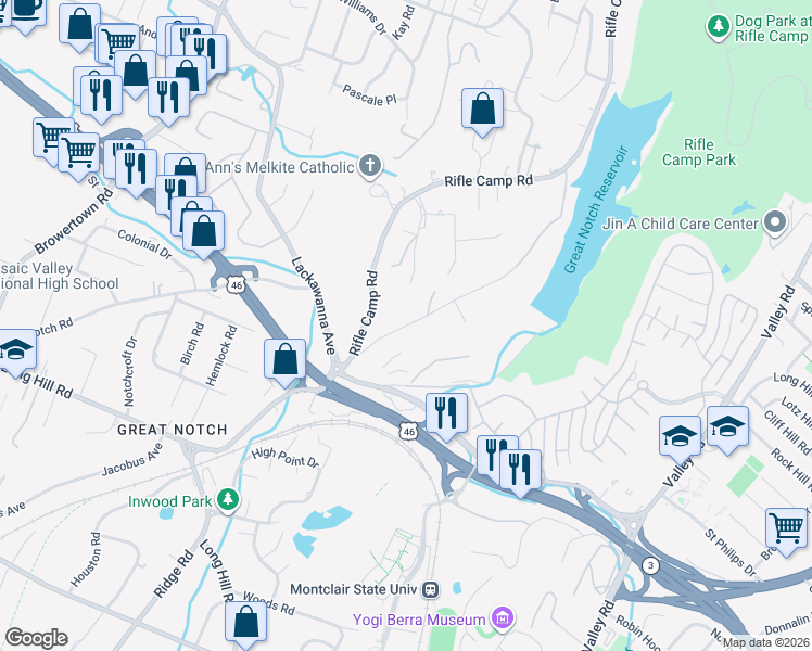map of restaurants, bars, coffee shops, grocery stores, and more near 889 Rifle Camp Road in Woodland Park