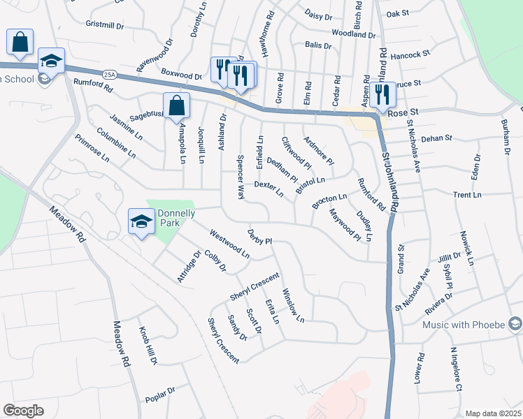 map of restaurants, bars, coffee shops, grocery stores, and more near 17 Spencer Way in Kings Park