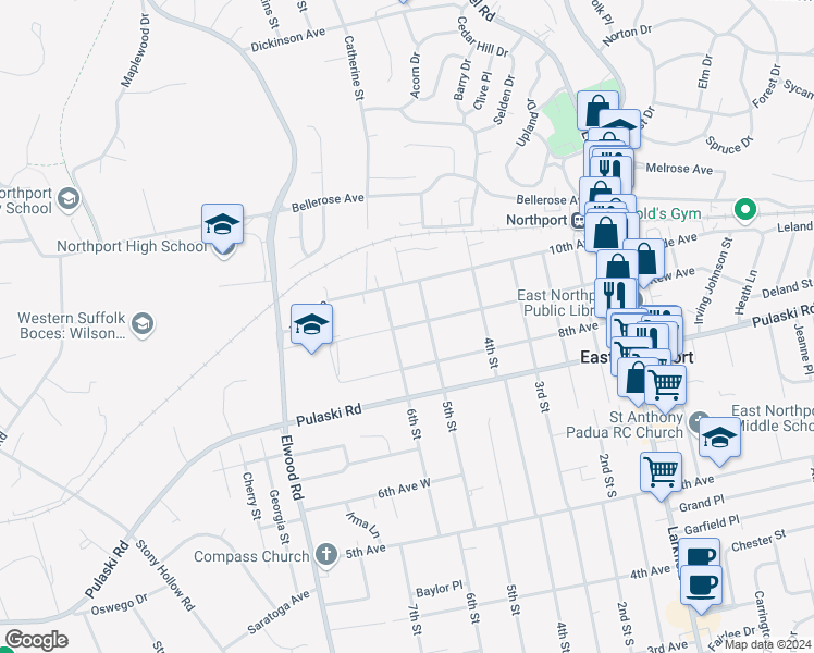 map of restaurants, bars, coffee shops, grocery stores, and more near 507 9th Avenue in East Northport