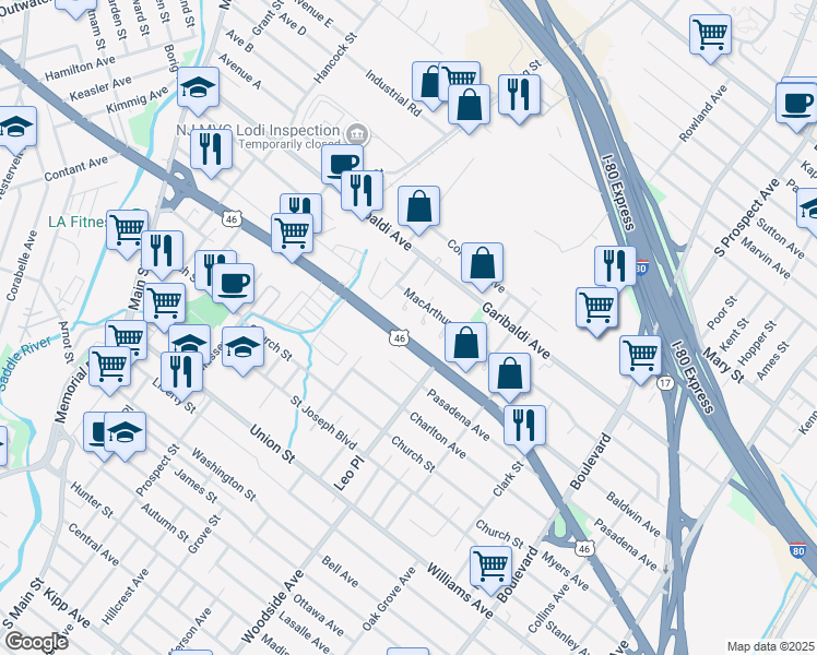 map of restaurants, bars, coffee shops, grocery stores, and more near 141 Route 46 in Lodi