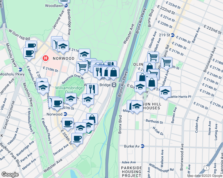 map of restaurants, bars, coffee shops, grocery stores, and more near in The Bronx