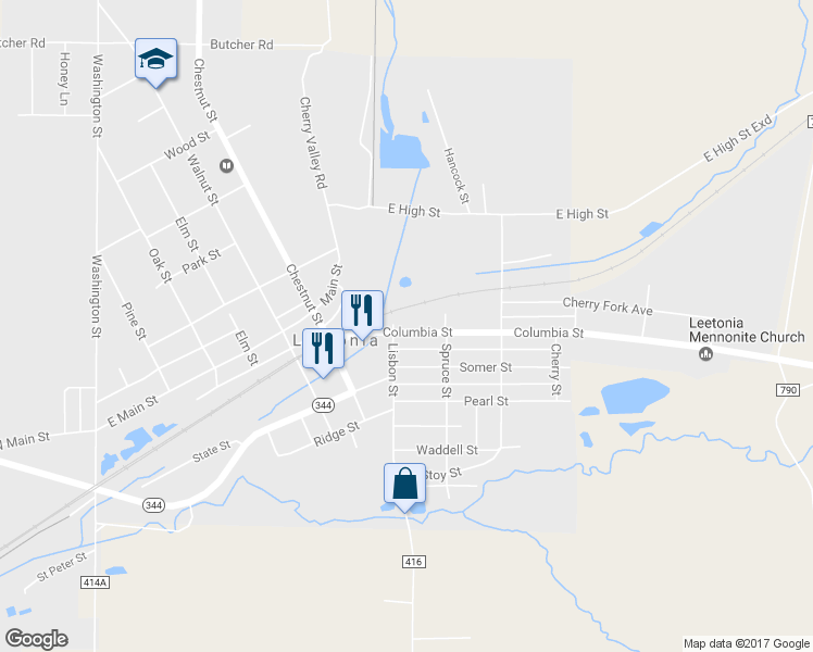 map of restaurants, bars, coffee shops, grocery stores, and more near 337 Columbia Street in Leetonia