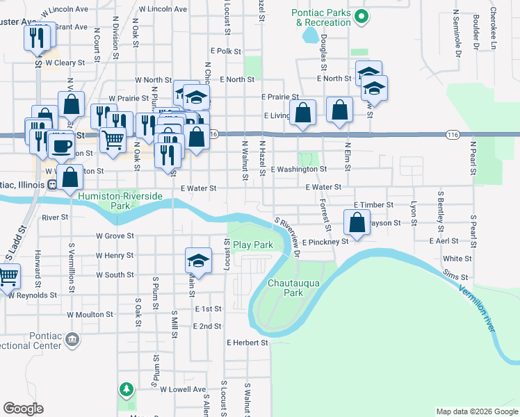 map of restaurants, bars, coffee shops, grocery stores, and more near 501 North Christina Drive in Pontiac