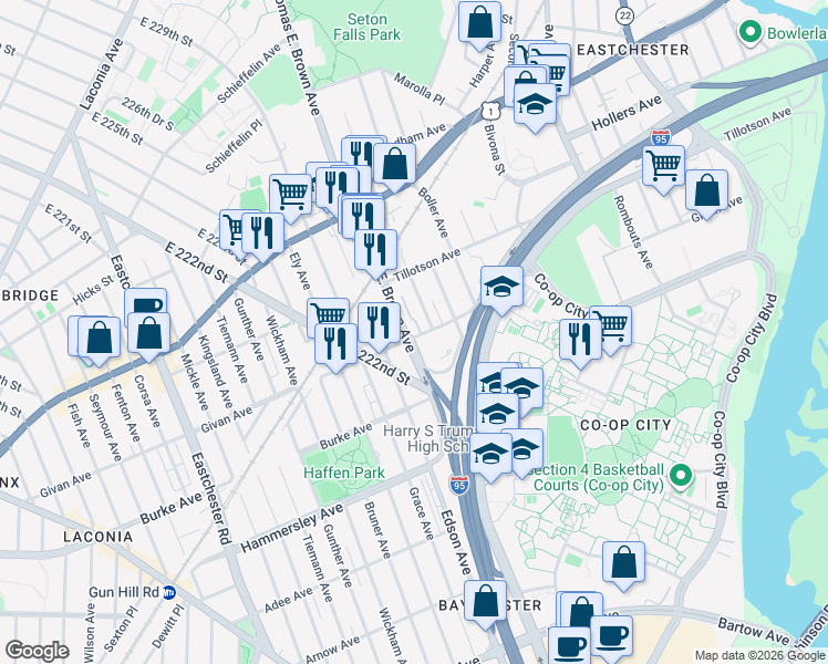 map of restaurants, bars, coffee shops, grocery stores, and more near 2017 Givan Avenue in Bronx
