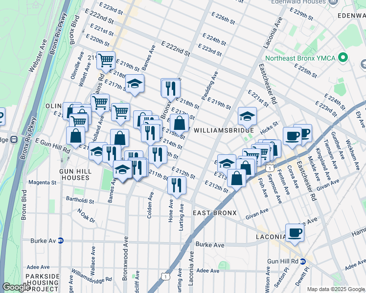 map of restaurants, bars, coffee shops, grocery stores, and more near 945 East 214th Street in Bronx