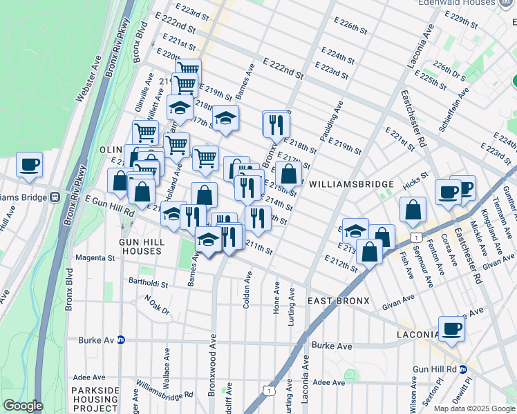 map of restaurants, bars, coffee shops, grocery stores, and more near 912 East 214th Street in Bronx