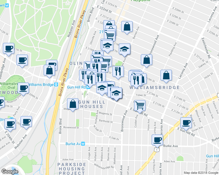 map of restaurants, bars, coffee shops, grocery stores, and more near 3554 Carlisle Place in Bronx