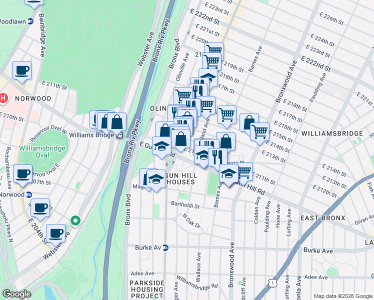 map of restaurants, bars, coffee shops, grocery stores, and more near 3513 White Plains Road in Bronx