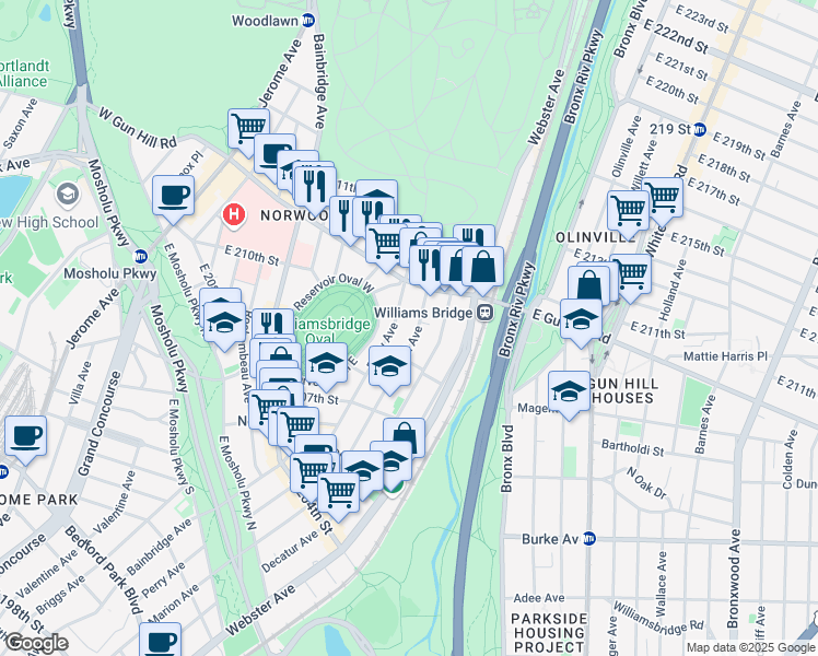 map of restaurants, bars, coffee shops, grocery stores, and more near 3346 Hull Avenue in Bronx