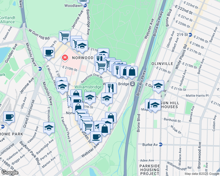 map of restaurants, bars, coffee shops, grocery stores, and more near 3335 Perry Avenue in The Bronx