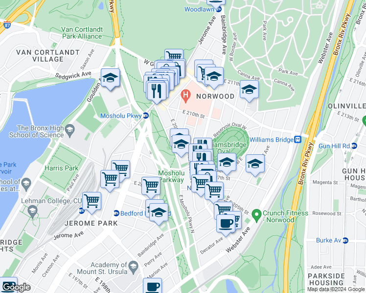 map of restaurants, bars, coffee shops, grocery stores, and more near 106 East 208th Street in Bronx