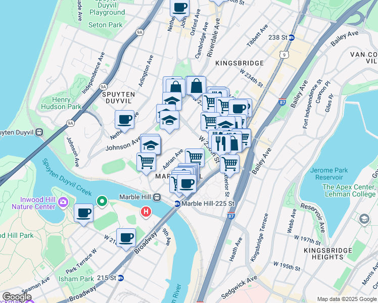 map of restaurants, bars, coffee shops, grocery stores, and more near 169 West 228th Street in Bronx