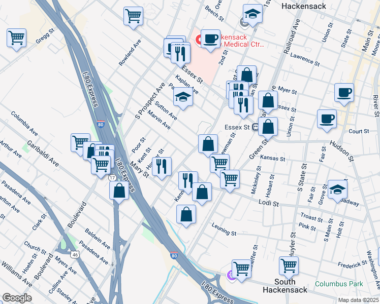 map of restaurants, bars, coffee shops, grocery stores, and more near 248 Standish Avenue in Hackensack