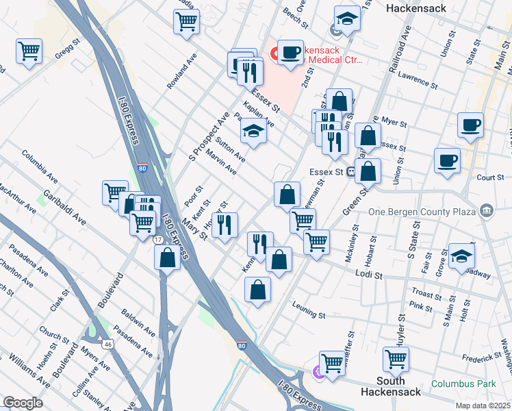 map of restaurants, bars, coffee shops, grocery stores, and more near 248 Standish Avenue in Hackensack