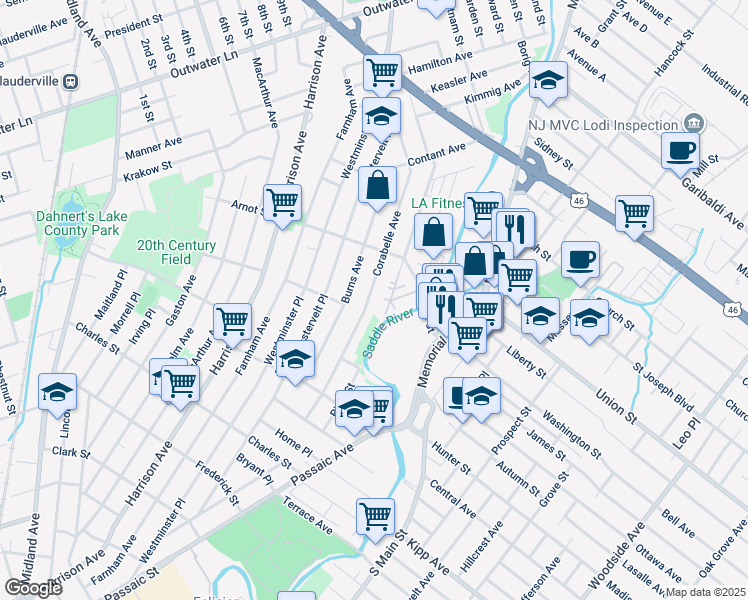 map of restaurants, bars, coffee shops, grocery stores, and more near 108 Corabelle Avenue in Lodi
