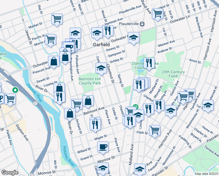 map of restaurants, bars, coffee shops, grocery stores, and more near 117 Chestnut Street in Garfield
