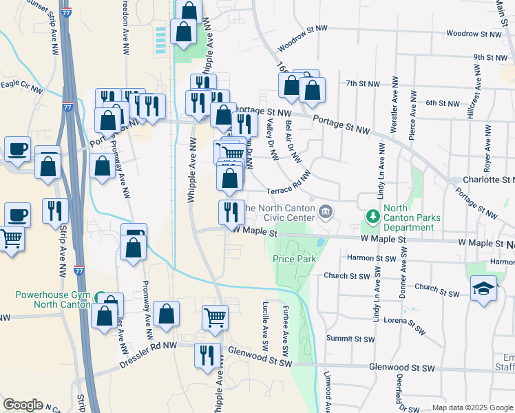 map of restaurants, bars, coffee shops, grocery stores, and more near 202 Shaker Avenue Northwest in North Canton