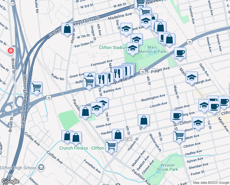 map of restaurants, bars, coffee shops, grocery stores, and more near 18 Delaware Street in Clifton