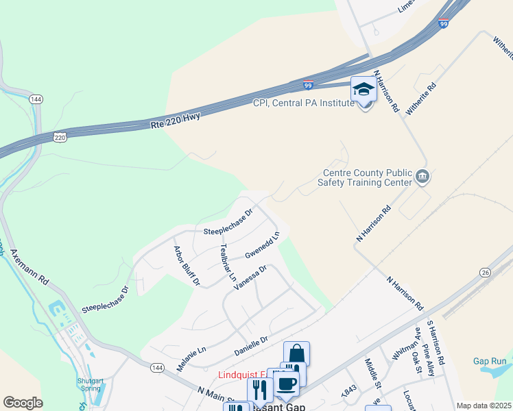 map of restaurants, bars, coffee shops, grocery stores, and more near 285 Steeplechase Drive in Bellefonte