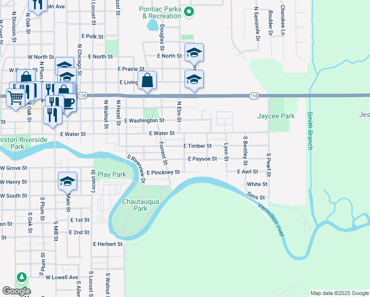 map of restaurants, bars, coffee shops, grocery stores, and more near 429 East Timber Street in Pontiac