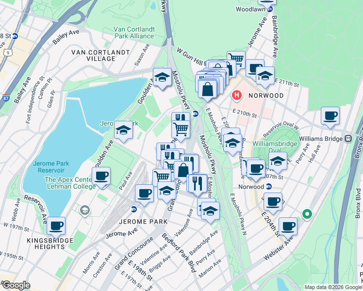 map of restaurants, bars, coffee shops, grocery stores, and more near 3235 Grand Concourse in Bronx