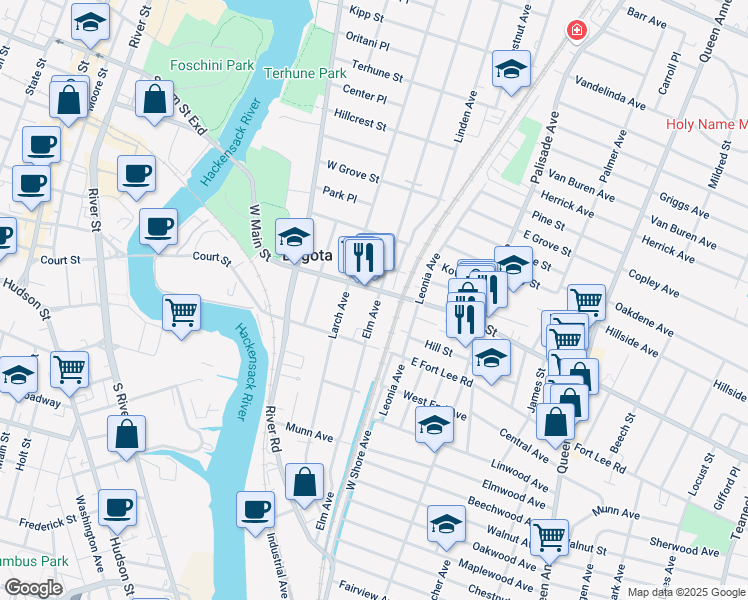 map of restaurants, bars, coffee shops, grocery stores, and more near 52 West Main Street in Bogota