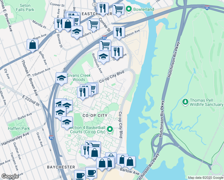 map of restaurants, bars, coffee shops, grocery stores, and more near 100 Carver Loop in Bronx
