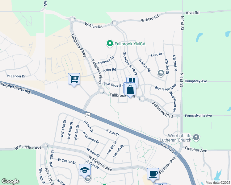 map of restaurants, bars, coffee shops, grocery stores, and more near 700 Fallbrook Boulevard in Lincoln