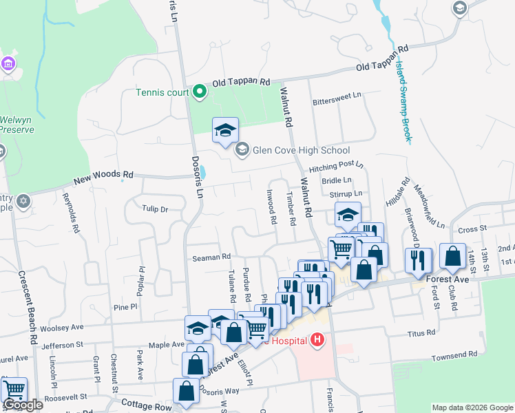 map of restaurants, bars, coffee shops, grocery stores, and more near 16 Leuce Place in Glen Cove