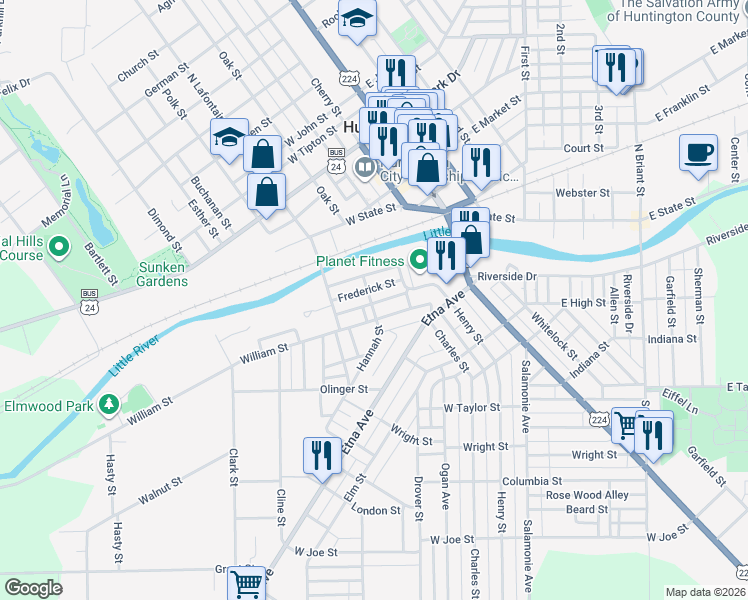 map of restaurants, bars, coffee shops, grocery stores, and more near 323 Hannah Street in Huntington