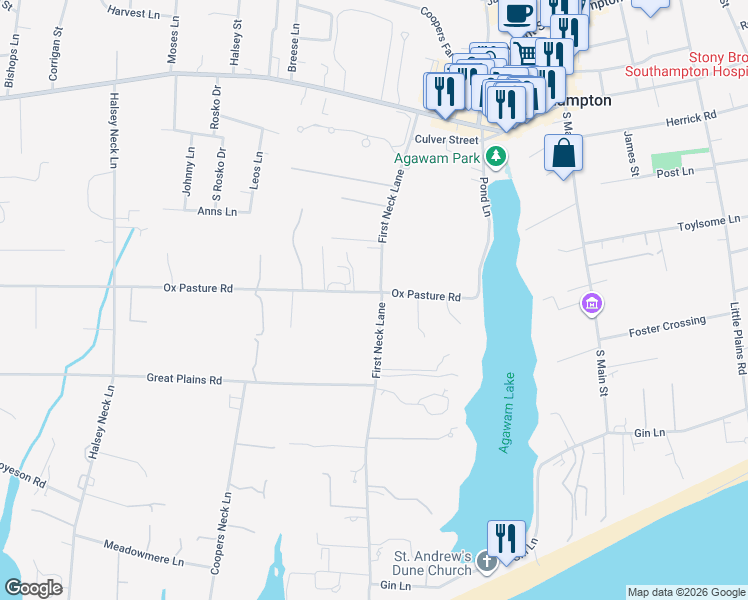 map of restaurants, bars, coffee shops, grocery stores, and more near 6 Ox Pasture Road in Southampton