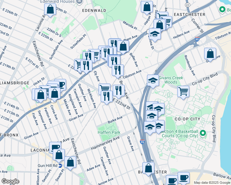 map of restaurants, bars, coffee shops, grocery stores, and more near 3321 Baychester Avenue in Bronx