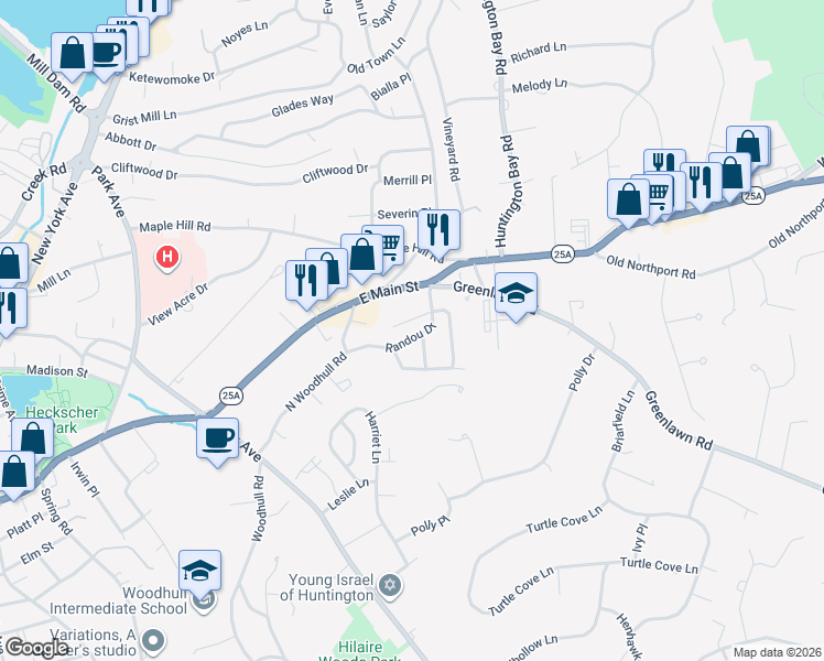 map of restaurants, bars, coffee shops, grocery stores, and more near 23 Randou Drive in Huntington