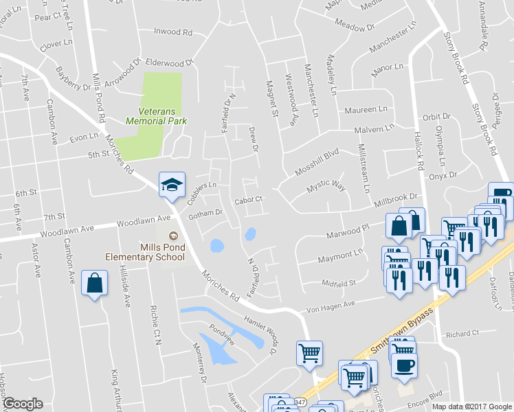 map of restaurants, bars, coffee shops, grocery stores, and more near 604 Cabot Court East in Saint James