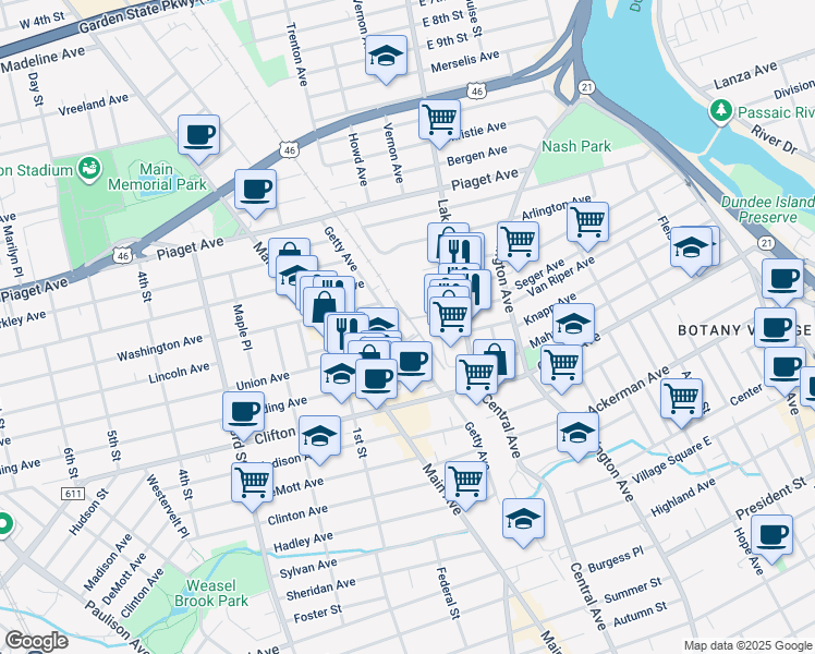 map of restaurants, bars, coffee shops, grocery stores, and more near 188 Getty Avenue in Clifton