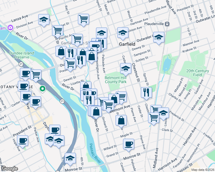 map of restaurants, bars, coffee shops, grocery stores, and more near 381 Palisade Avenue in Garfield