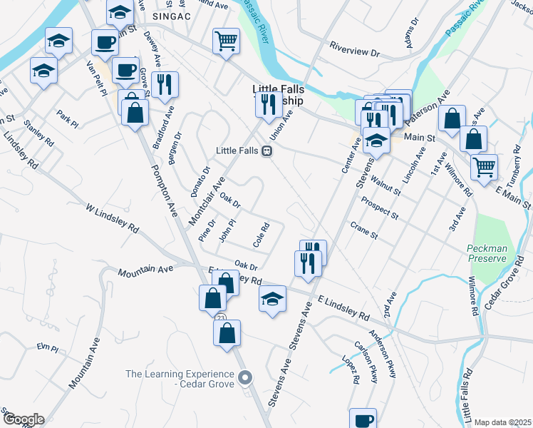 map of restaurants, bars, coffee shops, grocery stores, and more near 44 Oak Drive in Little Falls
