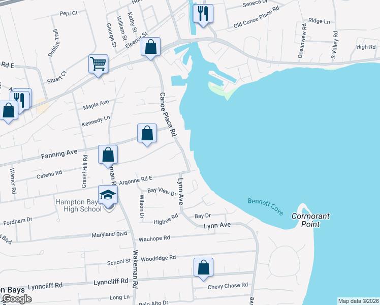 map of restaurants, bars, coffee shops, grocery stores, and more near 59 Canoe Place Road in Hampton Bays