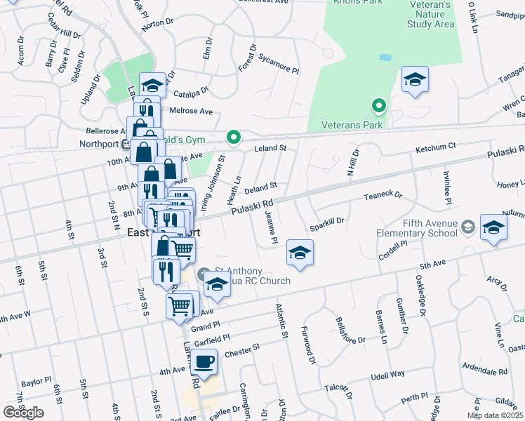 map of restaurants, bars, coffee shops, grocery stores, and more near 1056 Pulaski Road in East Northport