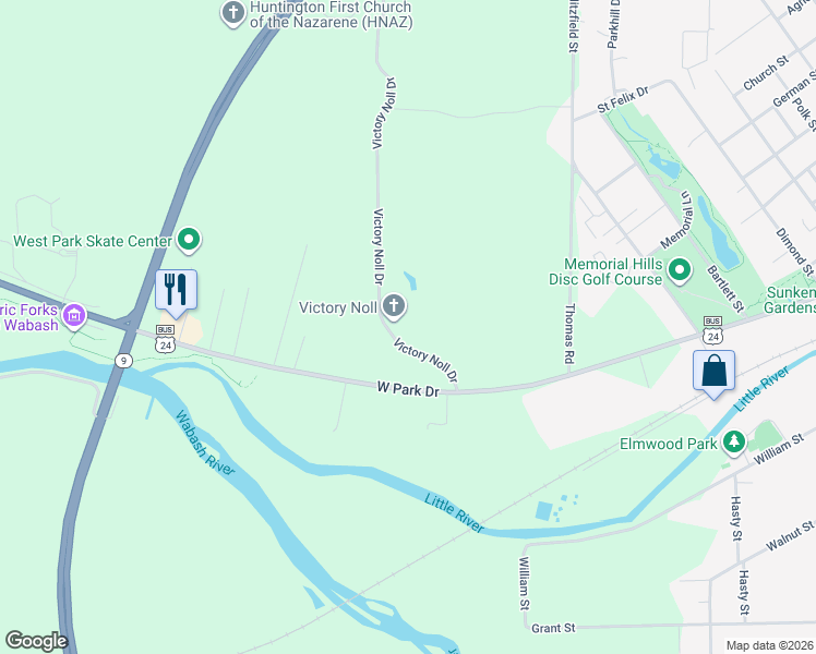 map of restaurants, bars, coffee shops, grocery stores, and more near 25 victory Noll Drive in Huntington