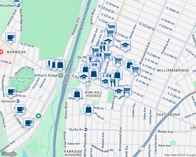 map of restaurants, bars, coffee shops, grocery stores, and more near 713 East 211th Street in The Bronx