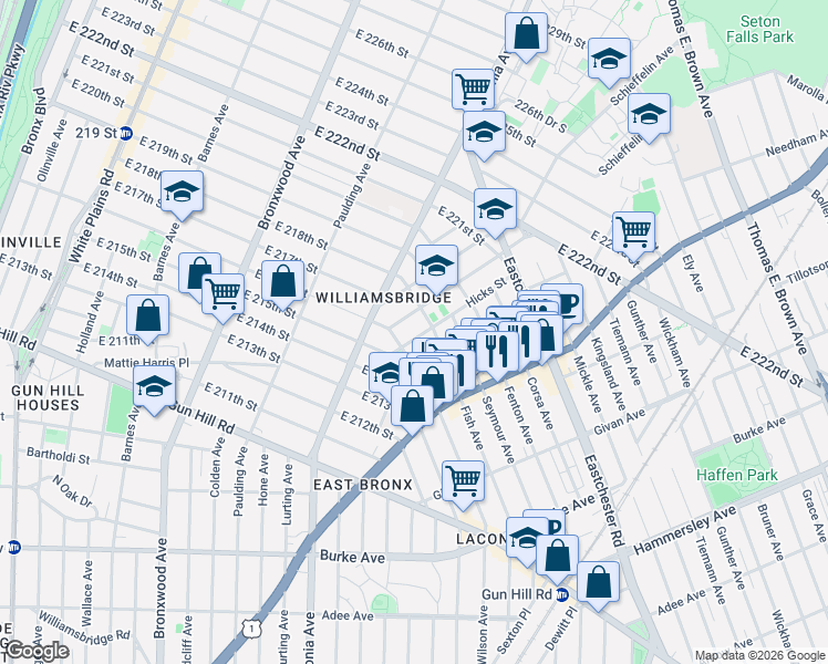 map of restaurants, bars, coffee shops, grocery stores, and more near 3577 Fish Avenue in Bronx