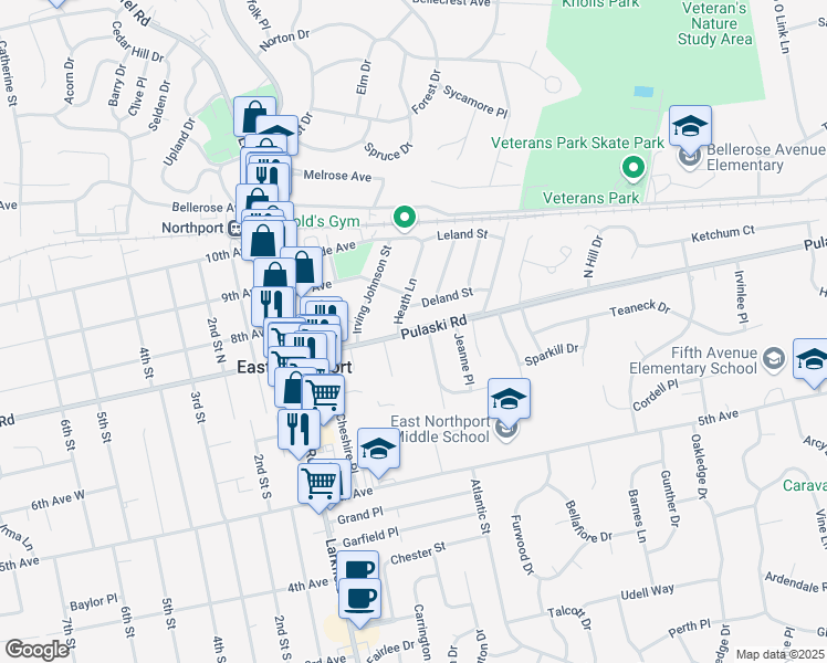 map of restaurants, bars, coffee shops, grocery stores, and more near 1050 Pulaski Road in East Northport