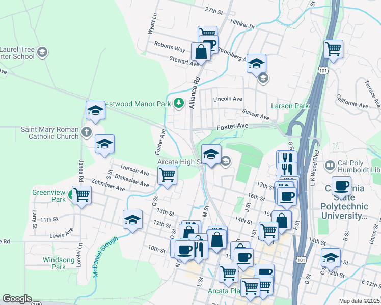 map of restaurants, bars, coffee shops, grocery stores, and more near 1785 Alliance Road in Arcata