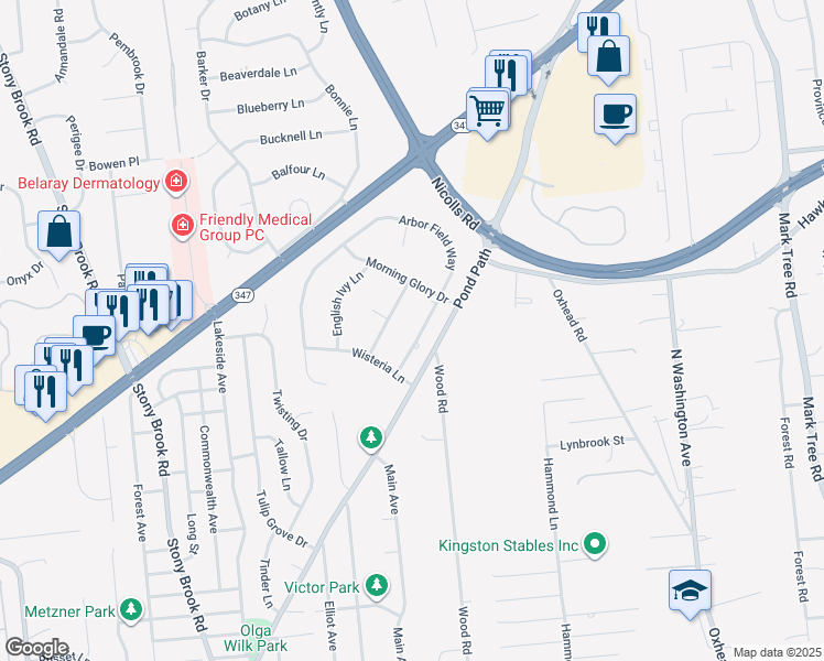map of restaurants, bars, coffee shops, grocery stores, and more near 8 Arbor Field Way in Lake Grove